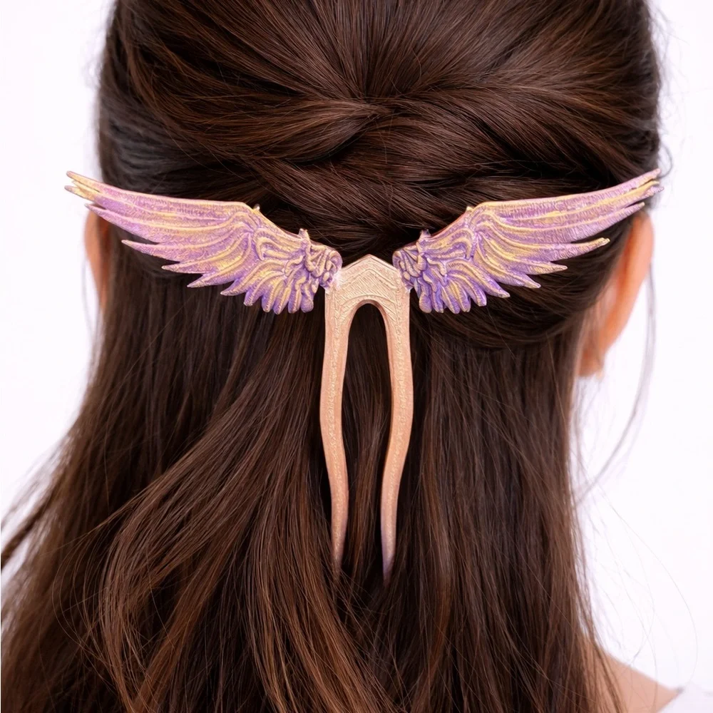 Angel Wing Hair Pin | Iridescent Purple & Gold Wings Hair Pin